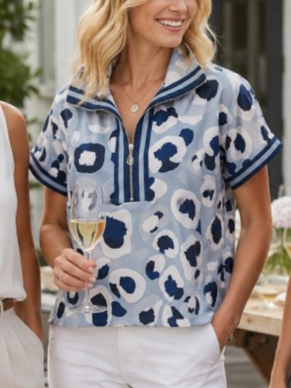 Sage Vell Abstract Print Quarter-Zip Silky Top, Size XL *NWOT